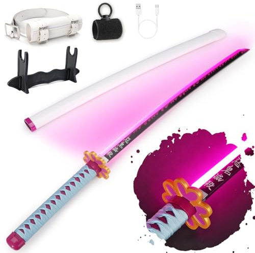 RENGENG - Spada Mitsuri che si illumina, 101 cm, replica in plastica ricaricabile con cintura e supporto, spada anime con texture originale