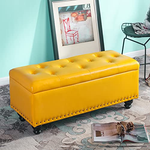 Luxuriöse, gepolsterte Polsterbank mit Knopf, getuftet, mit Stauraum, rechteckige Fußstütze für Wohnzimmer, Eingangsbereich, Schlafzimmer, 80 x 40 x 43 cm, Gelb