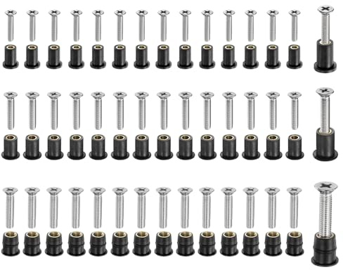sourcing map Lot de 45 paires d'écrous de puits M4 M5 M6 en néoprène avec vis en acier inoxydable, kit d'écrous de puits en caoutchouc, boulons en laiton et cuivre, fixations universelles pour moto,