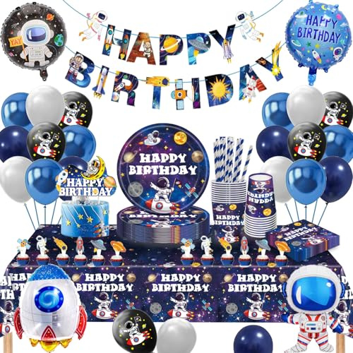 Space Party Tableware Set, Space Birthday Decoration, Astronaut Party Plates Birthday, Space Balloon Paper Plates, Cups, Napkins, Tablecloth for Astronaut Children's Birthday Decoration for 16 Guests