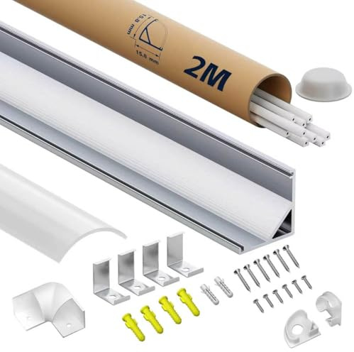 LED Eckprofil 2m 10 Stück – LED Strip Kanal/Schiene mit Diffusor Leiste | Led Profil 45 Grad für led-Streifen bis 10mm, Größe 15.8 × 15.8mm | Inkl. Endkappen Schrauben Montageclips (SL09, 2M 10 Stück)
