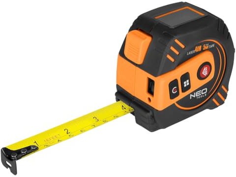 NEO TOOLS Laser Entfernungsmesser mit Rollmaßband - Präzise Messungen - Laser Maßband 2-in-1, 40m Laser Entfernungsmesser & 5m Maßband, USB-C Aufladung Lasermessgerät M/In/Ft