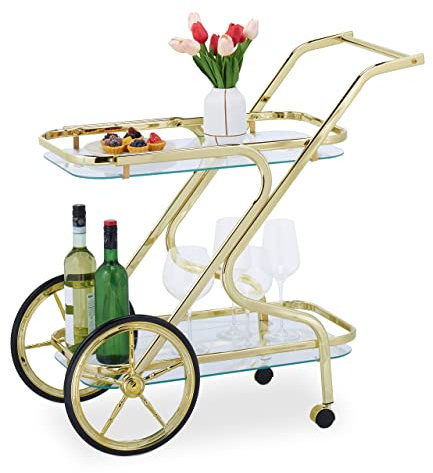 HUIBBGO Moderner Servierwagen aus weißem Glas und Eisen mit 4 Rollen, 2 Ablagen, ideal für Getränke und Snacks, 80 x 43 x 85 cm