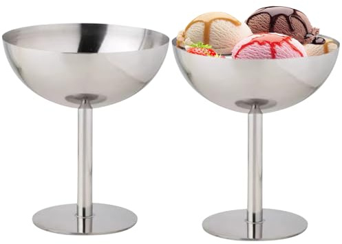 2 X Stainless Steel Ice Cream Bowls, Ice Cream Cups, Dessert Bowls with Feet, Dessert Glasses for Fruit, Cocktails, Salad, Yogurt, and Fruit Pudding (Tall)