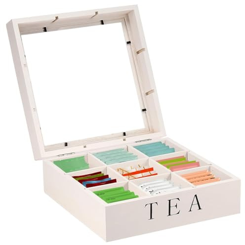 Obelunrp Tea Bag Organizer 9x9x3.5 Inch 9 Compartment Wooden Tea Bag Holder Smooth & Stable Coffee Station Organizer, Multi-Purpose for Snack, Seasoning & More, Holder, Coffee Station