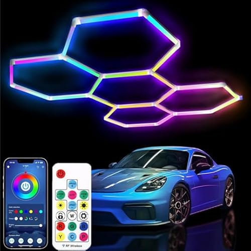 Sechseckige LED-Leuchten Mit 5/11/14 Rastern, 6500 K DIY-LED-Wabendeckenleuchte, Mit App Und Fernbedienung, Einfache Installation, Für Gaming-Wandpaneele, Garage,5Lights