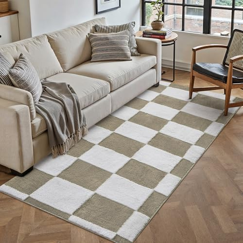 PureCozy Kariert Läufer Flur Teppich 60x180cm Beige Weiß Küche Waschbarer Teppiche 3D Effekt Schlafzimmer Bettvorleger Kinderzimmer Kinderteppich Esszimmer Kurzflor Weich rutschfest Langer Carpet