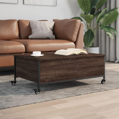 HaoChrymec Tavolino da Caffè con Ruote, in Legno Rovere Marrone con Piano Resistente, Design Funzionale con 4 Rotelle (2 Bloccabili), per Soggiorno o Salotto, 91 x 55 x 34 cm