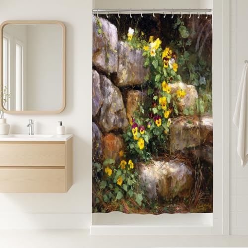 Floral Shower Curtain, Bright Yellow Violet Pansy Spring Bathroom Decor, Modern Rustic Waterproof Fabric Curtain with Hooks 36x72 Inch
