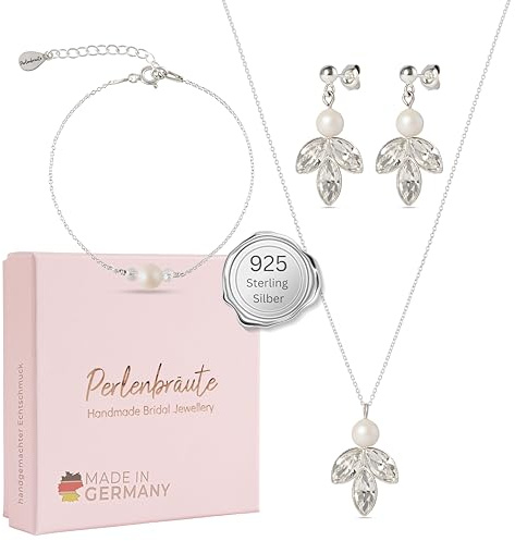 Schmuck Damen Zirkonia und Perlen Hochzeit – premium 925 Silber Schmuckset & Ohrringe Braut – hochwertiger Brautschmuck Perlen – Schmuckset gold Braut – Brautohrringe - Geschenk