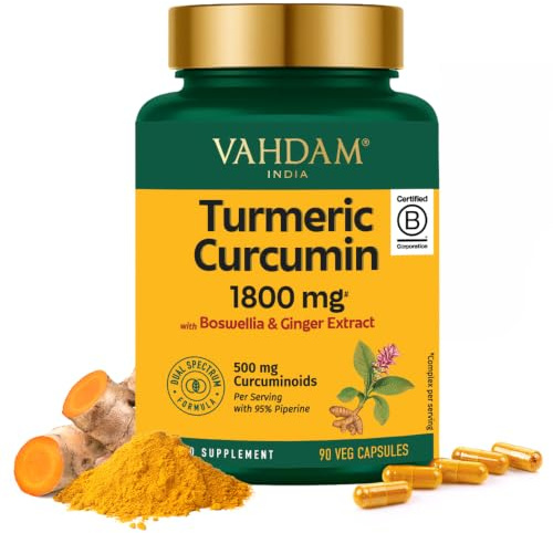 VAHDAM Turmeric Curcumin Supplement 1800mg (500mg Curcuminoids) with Boswellia & Piperine | 90 Capsules