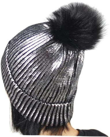 Healvian Damen Beanie Mütze Mit Metallic Schimmer Warme Strickmütze Mit Bommel Für Herbst Und Winter Stylisches Accessoire Für Kalte Tage in Silber