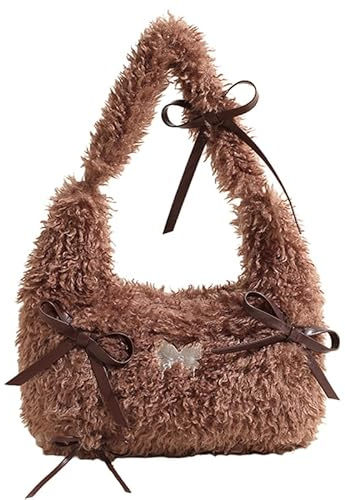 Rosett Hobos väska enfärgad söt liten handväska plysch fluffig topp handtag handväska lurvig för kvinnor temperament, Kaffe, 350*100*270mm