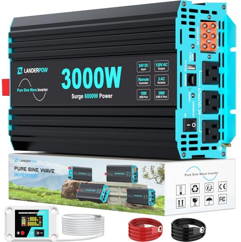 LANDERPOW 3000 Watt Pure Sine Wave Inverter 24V DC to 120V AC for RV, Truck, Solar, Home, Off-Grid, Power Inverter with 3 AC Outlet, 30W USB-C, 5V 3.1A USB, Hardwire Port, Remote Control, Surge 6000W