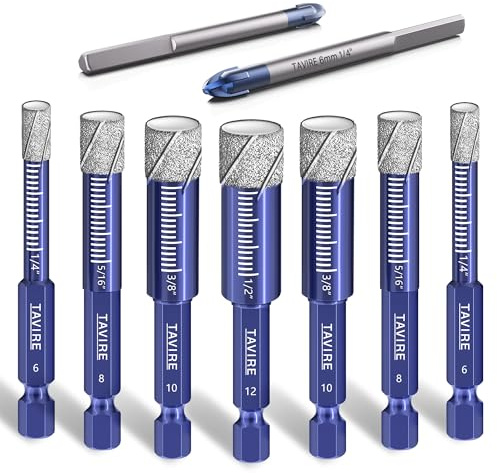 9-Piece Dry Diamond Drill Bit Set for Porcelain,Tile,Ceramic,Pot,Glass,Granite,Concrete,Masonry,Stone,Hard Materials, Hex Shank Tile Drill Bits 1/4,5/16,3/8,1/2, Ti&Tungsten Carbide Bit 1/4
