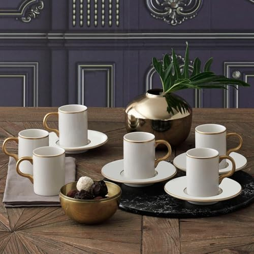 NORDIC SCHILLER Kaffee-Set, 12-TLG., Bone Porzellan, Weiß & Gold, 100 ml – Minimalistisches Design – 6 Tassen + 6 Untertassen