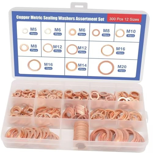 300 Pièces Joint en Cuivre Bague, Rondelles Cuivre, Joint Torique pour Bouchon à Vis, Joint de Bouchon de Vidange D'huile M5, M6, M8, M10, M12, M14, M16, M20 Flat Assortiment Kit
