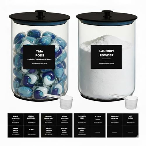 2 Pack 1 Gallon Glass Laundry Detergent Dispenser for Powder, 4L Large Laundry Pods Holder with Hygienic Plastic Lids & Metal Rim, Airtight Glass Canister Set with Scoops & Labels, Black
