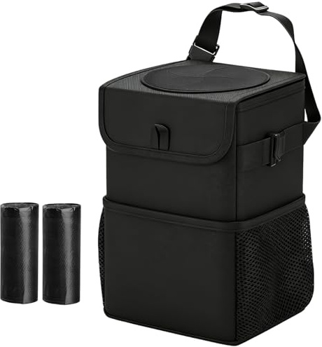 VAGCARS Papelera de Coche con Tapa, Bolsa de Basura Impermeable y a Prueba de Fugas para Colgar, Organizador con Bolsillos de Almacenamiento, 6L de Capacidad Plegable, Apta para Automóviles y SUV