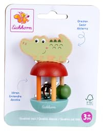 Eichhorn Baby Rassel mit Glocke Croco BeWild - Greifspielzeug mit sanfter Glocke, fördert Hören und Motorik, aus FSC zertifiziertem Buchen- und Sperrholz mit Metallelement, 5x11 cm, ab 3 Monaten
