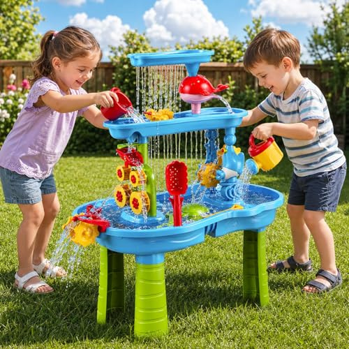 2 In 1 Sand Und Wasserspieltisch Für Kinder,3-Stufen,Wasserradeffekt | Stabil Und Zuverlässig,Mit Wasserfall & Meerestier-Zubehör,Wasserspielzeug Kinder Für Outdoor,Garten,Terrasse,Für Ab 3 Jahren