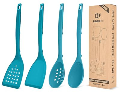 Pack of 4 Silicone Cooking Utensils Set, Non Stick Solid Spatulas and Heat Resistant Slotted Spoons with Back Hooks, Ideal BPA Free Kitchen Utensils Set for Frying,Serving,Turning,Stirring (BLUE)