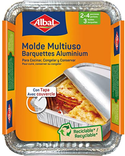 Albal Aluminio 22x17x3,5 Centímetros con Tapa | Desechables | Hornear, Congelar y Conservación de Alimentos | 2-4 Porciones | 3 Moldes, 3 unidad, 3