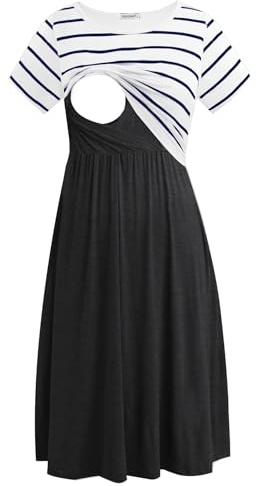 Smallshow Women's Short Sleeve Patchwork Nursing Dresses for Breastfeeding Medium White Stripe