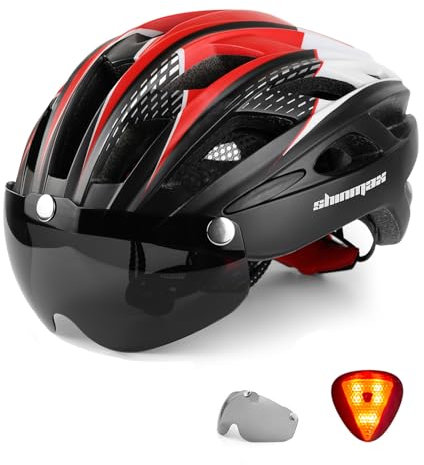 Shinmax Fahrradhelm Herren Damen Fahrradhelm mit Visier Abnehmbarer Schutzbrille MTB Helm mit Licht Männer Frauen Mountainbike Helm Mountain Road Fahrradhelme Einstellbarer Sicherheitsschutz NR-096
