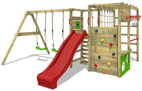 Fatmoose Spielturm Klettergerüst ActionArena Air mit Schaukel & roter Rutsche, Outdoor Kinder Kletterturm mit Leiter, Basketballkorb & Spiel-Zubehör für den Garten