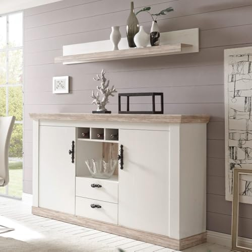 Lomadox Sideboard und Wandboard im Landhaus Stil in Pinie weiß, Absetzung in Oslo Pinie dunkel