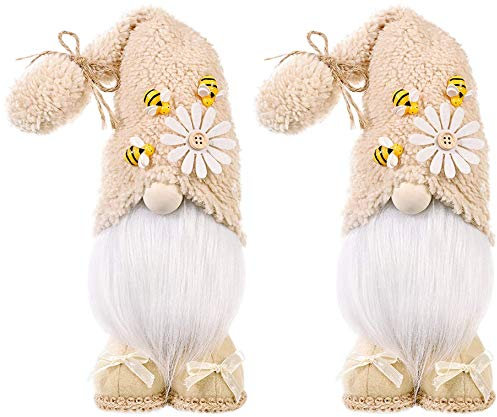 Super Idee Stehende Niedliche Bienen Wichtel Deko Süßer Zwerg Wichtel Figuren mit Blumen und Bienen und Beige Mütze Frühlingswichtel Sommerdeko Ideal zur Geburtstag Party Maße 37 x 9 x 7 cm (2 Beige)