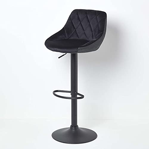 Homescapes Samt-Barhocker Henley – Barstuhl höhenverstellbar mit Samt- & Kunstleder-Bezug, drehbarer Tresenstuhl mit Rückenlehne & Fußstütze, 84–105 cm hoch, Sitzhöhe 60–81 cm, Schwarz