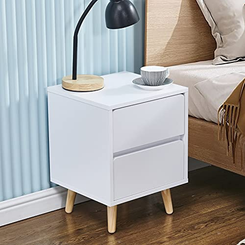 LEMROE Table de Chevet avec 2 tiroirs - Table de Chevet Blanche avec Pieds en Bois - Meuble de Rangement pour Chambre à Coucher - Blanc