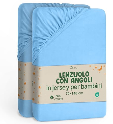 NatureMark Lot de 2 draps-Housses pour Enfant - 70 x 140 cm - Jersey Doux - 100% Coton - pour lit de bébé et lit d'enfant - Bleu Clair