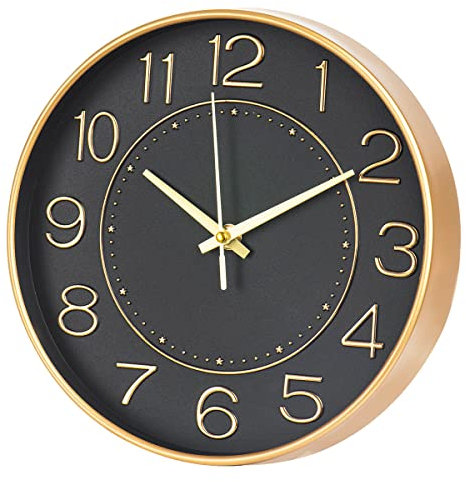 HZDHCLH 25cm Modern Quartz Lautlos Wanduhr Arabisch Ziffer Schleichende Sekunde ohne Ticken für Dekoration Wohnzimmer, Küche, Büro, Schlafzimmer (schwarzes Gold)