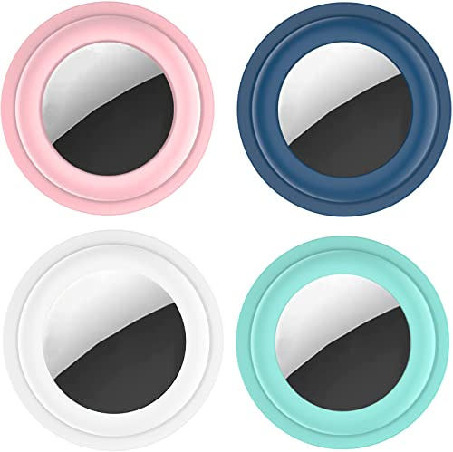 4 Pack Silicone Case for AirTags, Portable Tracker Holder Anti-Scratch Lightweight Skin Soft Rubber Shockproof Protective Finder Cover for Apple AirTag Case with Self-Sticker - Green/White/Pink/Blue