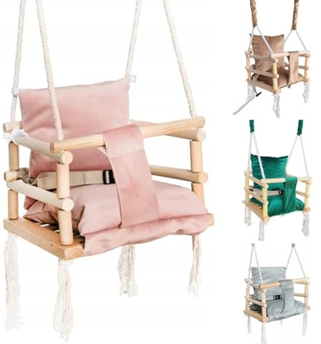 Babyschaukel Kinderschaukel Holz Stoff Babysitz Baby Schaukel zum Aufhängen 3 in 1 (Rosa)