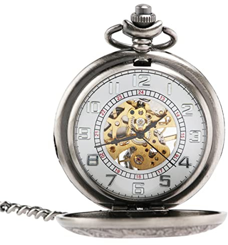 UKCOCO Taschenuhr Mechanisch Automatische Mit Abnehmbarer Kette Runde Skelett-zifferblatt Aus Hartkupfer Und Edelstahl Für Herren Und Damen