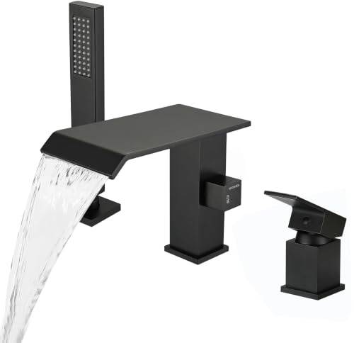 NIITAWH Waterfall Roman Tub Faucet with Hand Shower Matte Black Bathtub Faucet 3 Hole Widespread Tub Filler Deck Mount Solid Brass