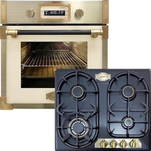 Kaiser Four pyrolyse « EH 6427 ElfAD+KG 6325 Em», four à encastrer rétro pyrolyse 73 L en verre couleur elfe 60 cm+cuisinière à gaz rétro encastrée 60 cm, Empire émaillé noir 3,8 Kw WOK