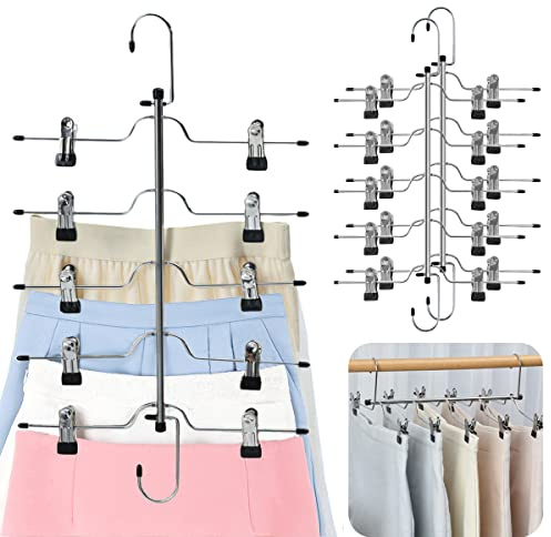 3 Pack Skirt Hangers Space Saving 5 Tier Metal Skirt Hanger with Clips, Durable Heavy Duty Trouser Pants Hangers Closet Organizer for Jeans, Slacks, Shorts
