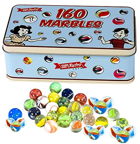 160 Marbles Set Assorted Colour Glass Marbles for Kids Games Marble Run Toy for Children Age 3 + in Metal Storage Tin Box