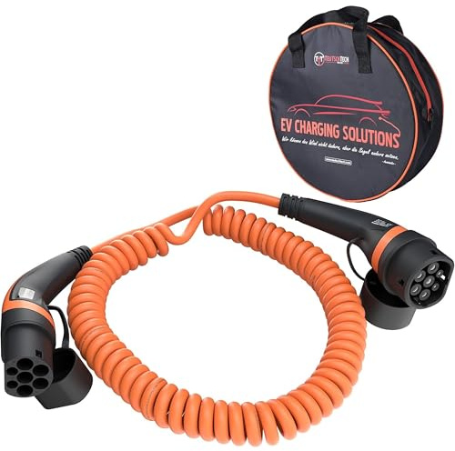 TEUTSCHTECH Typ 2 Ladekabel Spiral für Elektroauto | 10 m | Typ 2 auf Typ 2 | 7.4kW | 1x32A | 1-phasig | Modus 3 | Temperaturüberwacht | Sicher Laden | Nutzbare Länge ca. 6 m | Orange