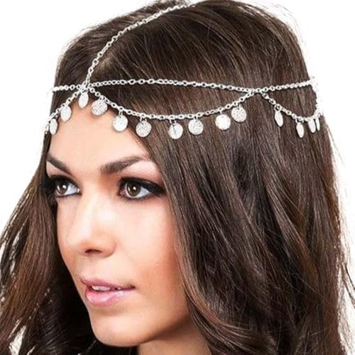 Runmi Kopfkette mit Zechinen, Quasten, Braut-Kopfschmuck, Stirnband, Festival-Haarschmuck für Damen und Mädchen (Silber)