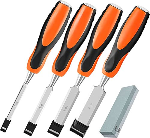 OITTo Meißel-Set Werkzeuge & Holzschnitzwerkzeuge Scharfe Klinge aus Chrom-Vanadium-Stahl und schlagfester Griff Holz-Handwerkzeuge mit Schleifstein (Größe: 4-Set)
