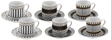 KARACA Helenistik 12-Piece Turkish Coffee Cup Set for 6 People, 80ml, Small Espresso Cups with Saucers, Porcelain Turkish Coffee Set, Black & White Design