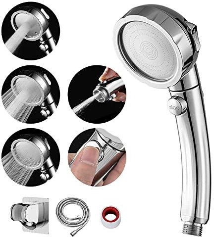MIAOHUI Duschkopf Wassersparend mit Wasserstop Funktion, 3 Strahlarten Duschkopf Druckerhöhend, Duschbrause mit Schlauch und Halterung, Chrom