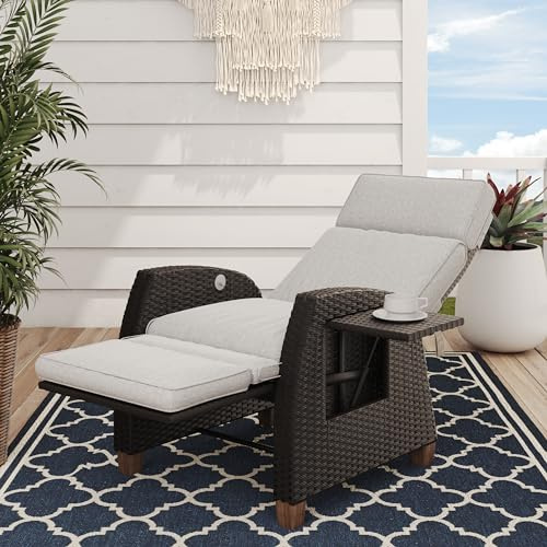 Grand patio Tumbona de relax con cojín de asiento, sillón de jardín, respaldo ajustable de ratán, tumbona para interior y exterior, color crema y ratán gris