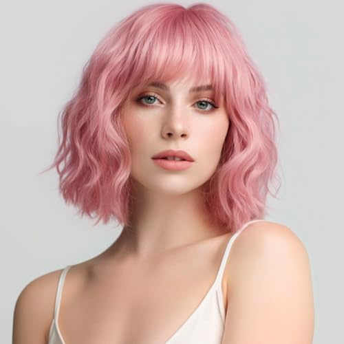 PORSMEER Kurze Bob Perücke mit Pony für Frauen Synthetisches Haar Bunt Täglich Party Halloween Cosplay Gewellte Lockige Perücken (Rosa)